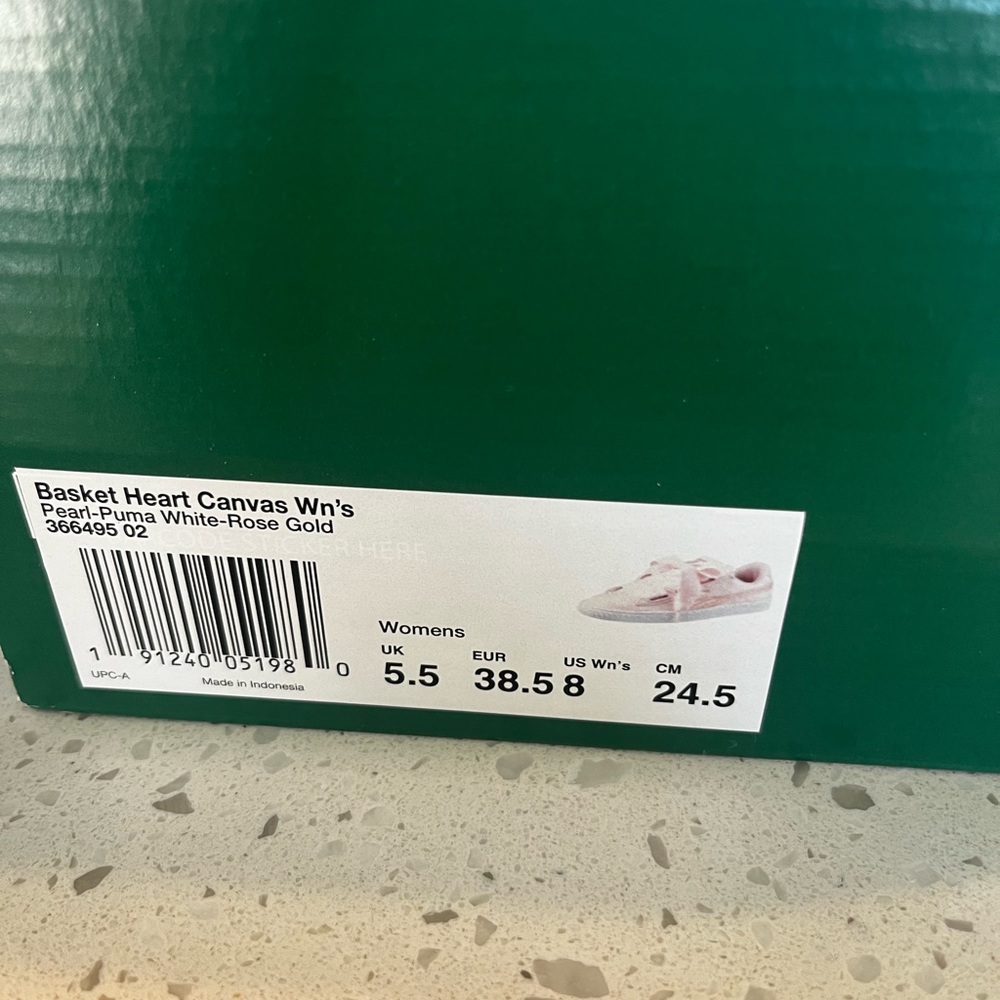 New in box: Puma Basket Heart Canvas. Pink with Rose Gold. Size wmns 8.5